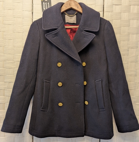 J.Crew Wool Peacoat Navy Gold Buttons Red Lining Classic Double Breasted Preppy‎ - Picture 4 of 12
